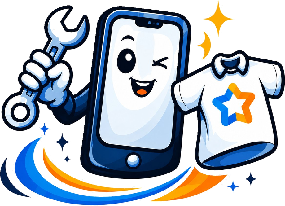 Mascotte SmartFlock — téléphone avec clé à molette et t-shirt floqué